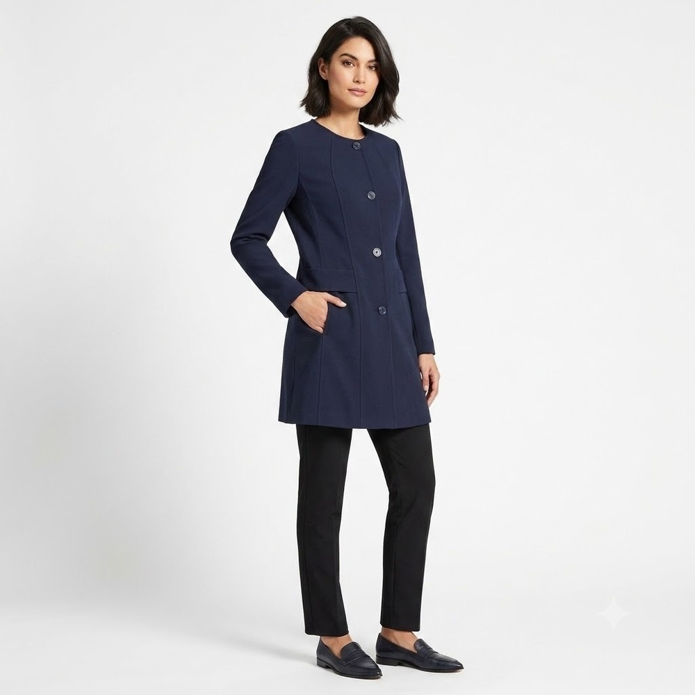 Cabi Sovereign Coat Women Size M Navy Blue Collarless Ponte Knit Button Front